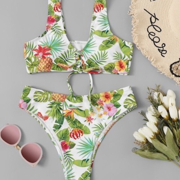 Tropical Bikini Swimsuit White Green S M 4 6 8 10 - Picture 3 of 8